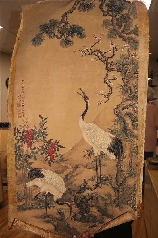 Two Chinese hard painted scrolls: cranes and potted flowers
